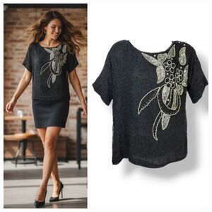 Vintage 80s 100% Silk Beaded and Pearls Chiffon Evening Top in Black Size Small